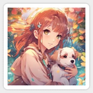 Anime Girl with a cute Dog #014 Sticker